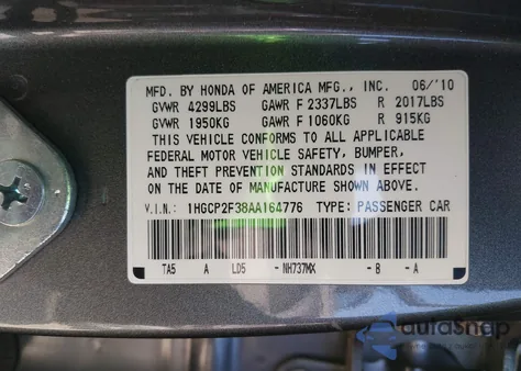 2010 Honda Accord 2.4 Lx from USA, damaged, VIN 1HGCP2F38AA164776